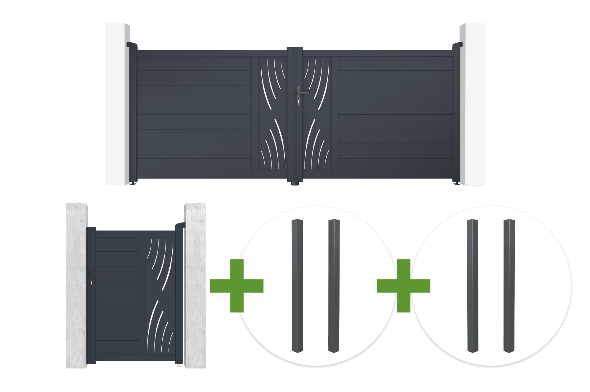 Veramie vārti 3,5m VELETA A.140cm pelēks alumīnijs + Vārti 1m VELETA A.140cm + 4 stabi main image