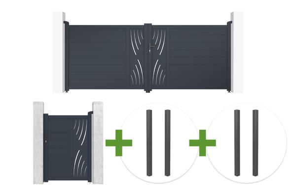 Swing gate 3.5m VELETA H.140cm gray aluminum + Gate 1m VELETA H.140cm + 4 posts main image