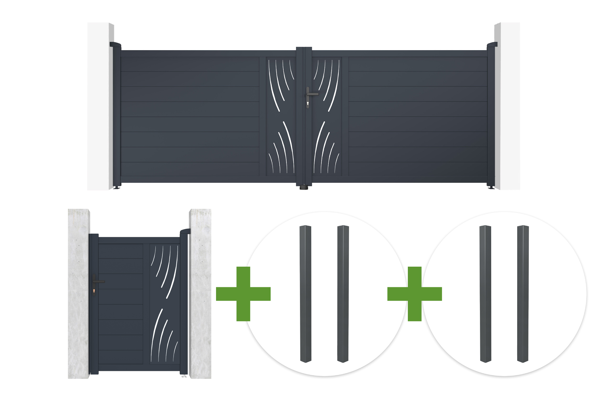 Poartă batantă VELETA 4m H.140cm aluminiu gri + poartă VELETA 1m H.140cm + 4 stâlpi main image