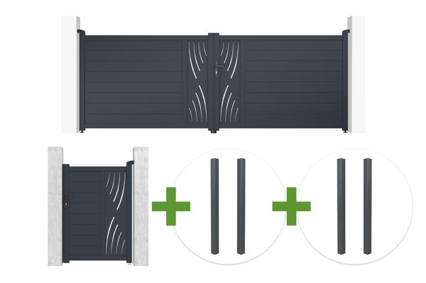 4m VELETA swing gate H.140cm gray aluminum + 1m VELETA gate H.140cm + 4 posts main image