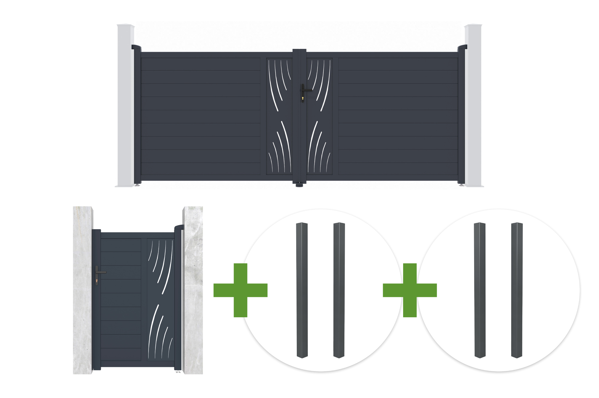 Poartă batantă VELETA 4m H.160cm gri din aluminiu + poartă pietonală VELETA 1m H.160cm + 4 stâlpi main image