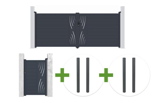 Cancello a battente VELETA in alluminio grigio, altezza 4 m (160 cm) + cancello pedonale VELETA, altezza 1 m (160 cm) + 4 pali main image