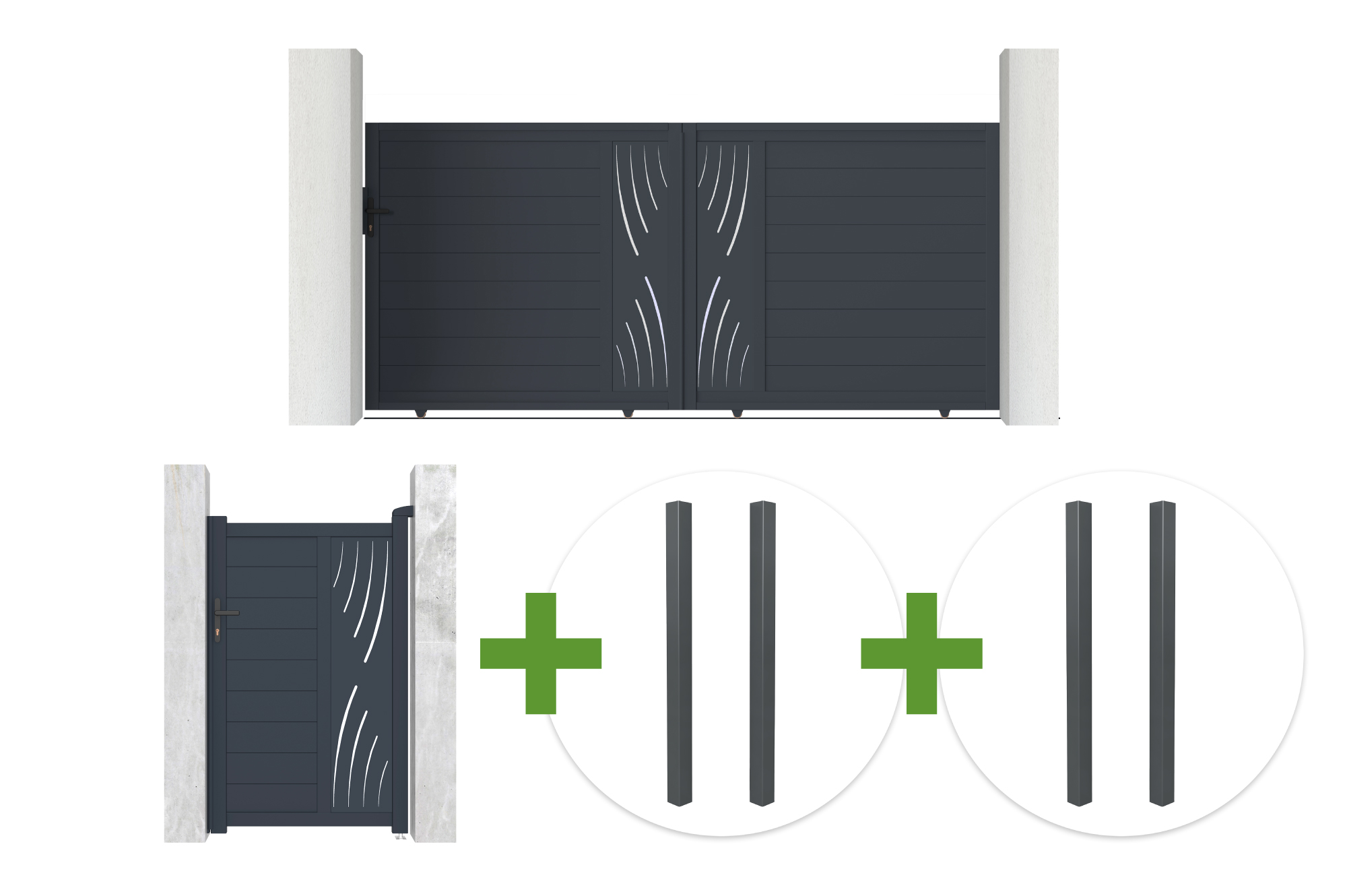 3.5m VELETA sliding gate, 160cm high, grey aluminum + 1m VELETA pedestrian gate, 160cm high + 4 posts main image
