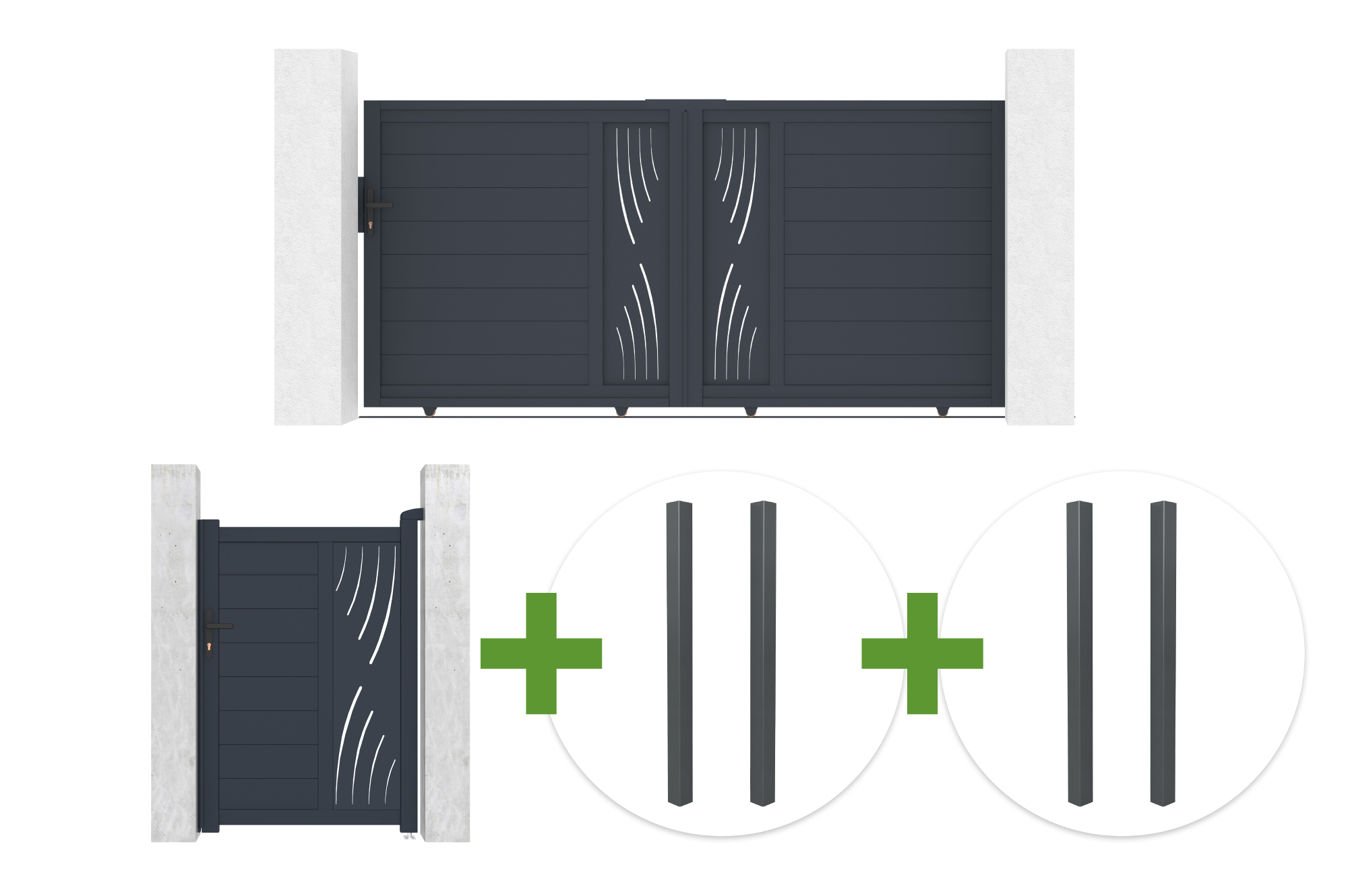 Poartă glisantă 3m VELETA H.140cm aluminiu gri + 1m poartă VELETA H.140cm + 4 stâlpi main image