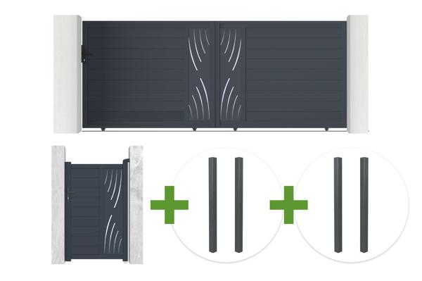 VELETA schuifpoort 4 m hoog, 160 cm, grijs aluminium + VELETA voetgangerspoort 1 m hoog, 160 cm + 4 palen main image