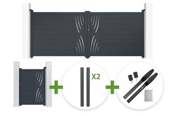 3.5m VELETA swing gate, 140cm high, grey + 1m VELETA pedestrian gate, 140cm high + 4 posts + Hicker B200 motor main image