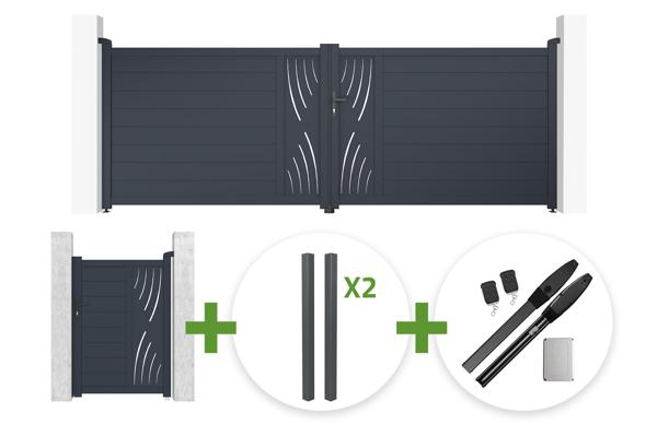 4m VELETA swing gate, 140cm high, grey + 1m VELETA pedestrian gate, 140cm high + 4 posts + Hicker B200 motor main image