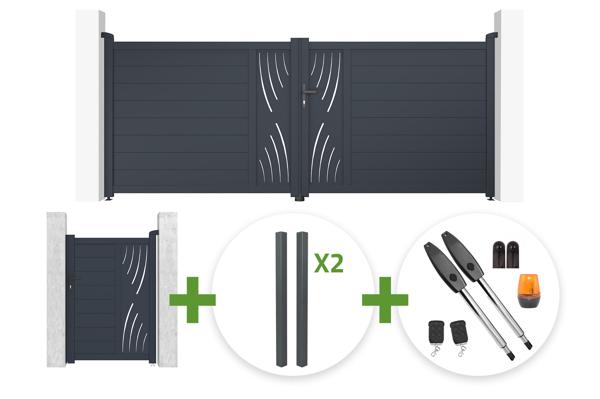 3.5m VELETA swing gate, 140cm high, grey + 1m VELETA pedestrian gate, 140cm high + 4 posts + Tanker B250 motor main image