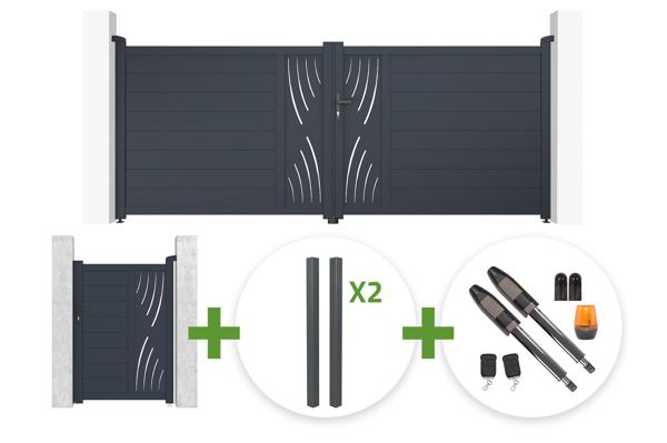 3.5m VELETA swing gate, 140cm high, grey + 1m VELETA pedestrian gate, 140cm high + 4 posts + Tanker B700 motor main image