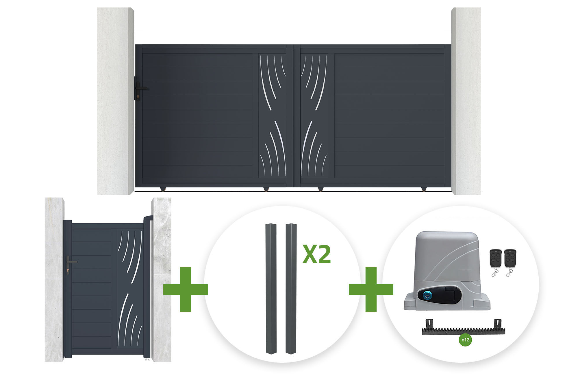 3.5m VELETA sliding gate, 160cm high + 1m VELETA pedestrian gate, 160cm high + 4 posts + Ranger C300 motor main image