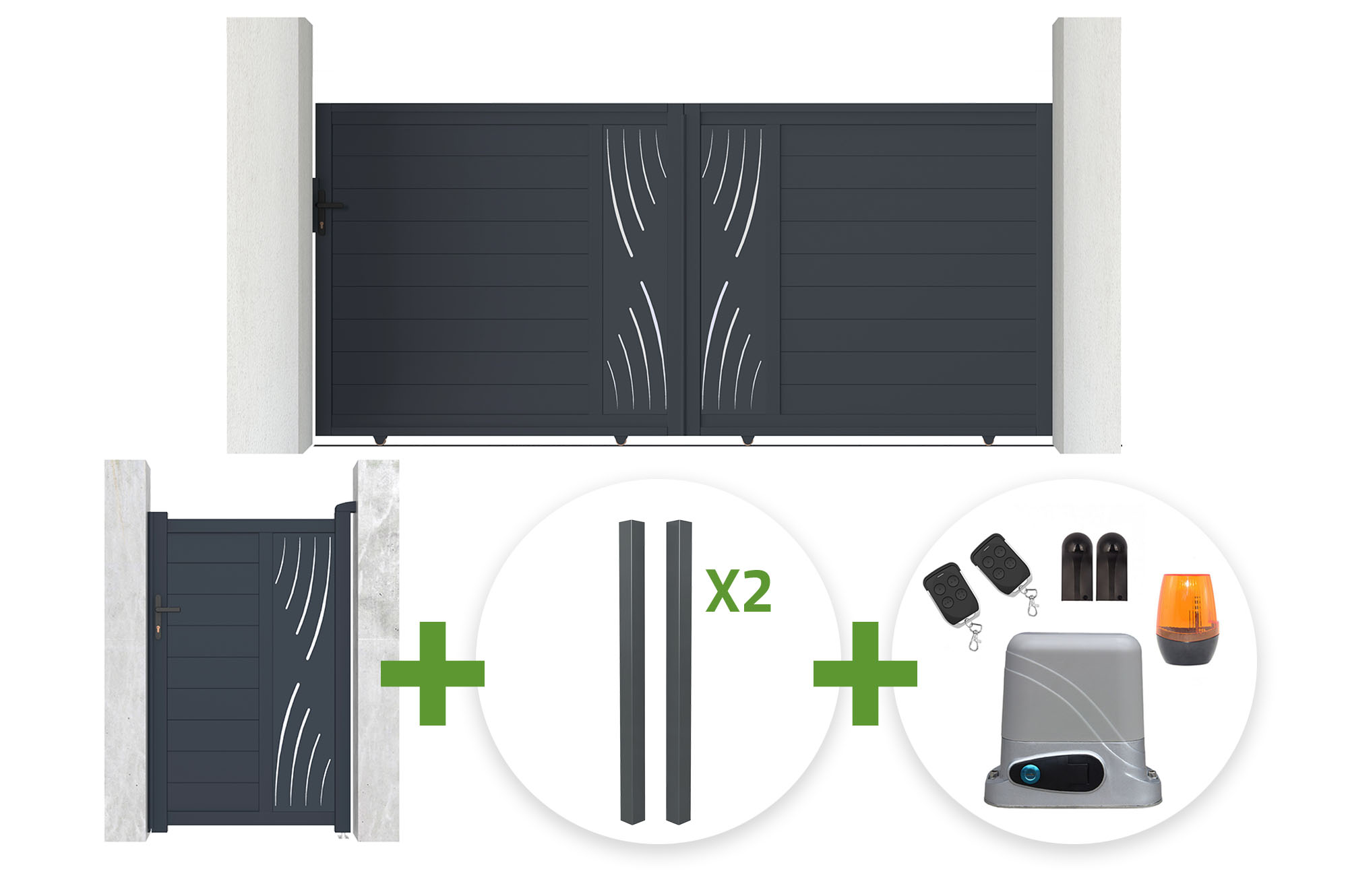 3.5m VELETA sliding gate, 160cm high + 1m VELETA pedestrian gate, 160cm high + 4 posts + Tanker C600 motor main image