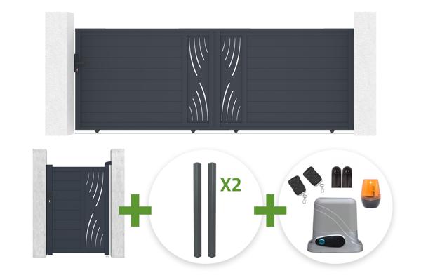 VELETA 4m sliding gate, 140cm high + VELETA 1m pedestrian gate, 140cm high + 4 posts + Tanker C600 motor main image