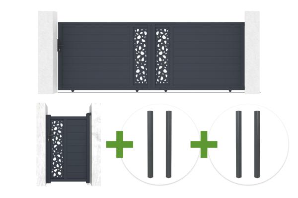 4m SUNNY sliding gate, 140cm high, grey aluminum + 1m SUNNY pedestrian gate, 140cm high, grey aluminum + 4 posts main image