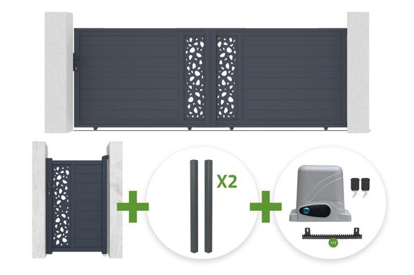 4m SUNNY sliding gate, 140cm high, grey + 1m SUNNY pedestrian gate, 140cm high, grey + 4 posts + Ranger C300 motor main image