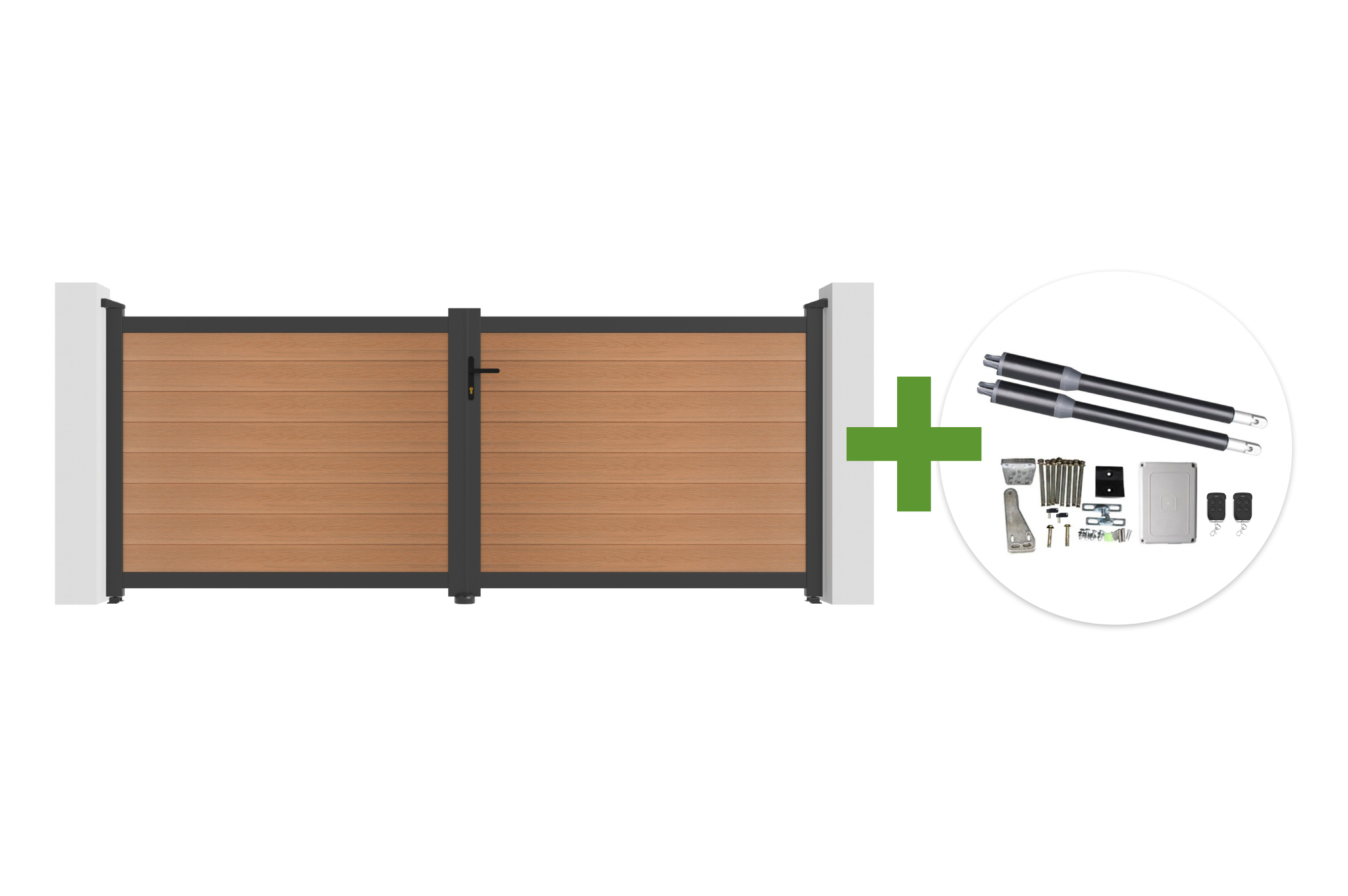 Cancello a battente ATHOS 3,5 m H.140 cm in legno composito di teak con telaio in alluminio + motore RANGER B150 main image