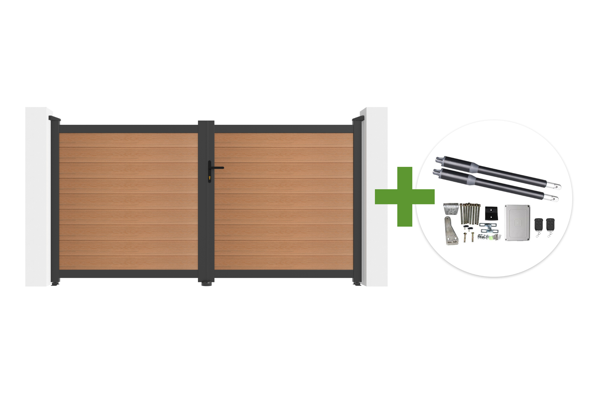 Cancello a battente ATHOS 3m H.160cm in legno composito di teak con telaio in alluminio + motore RANGER B150 main image
