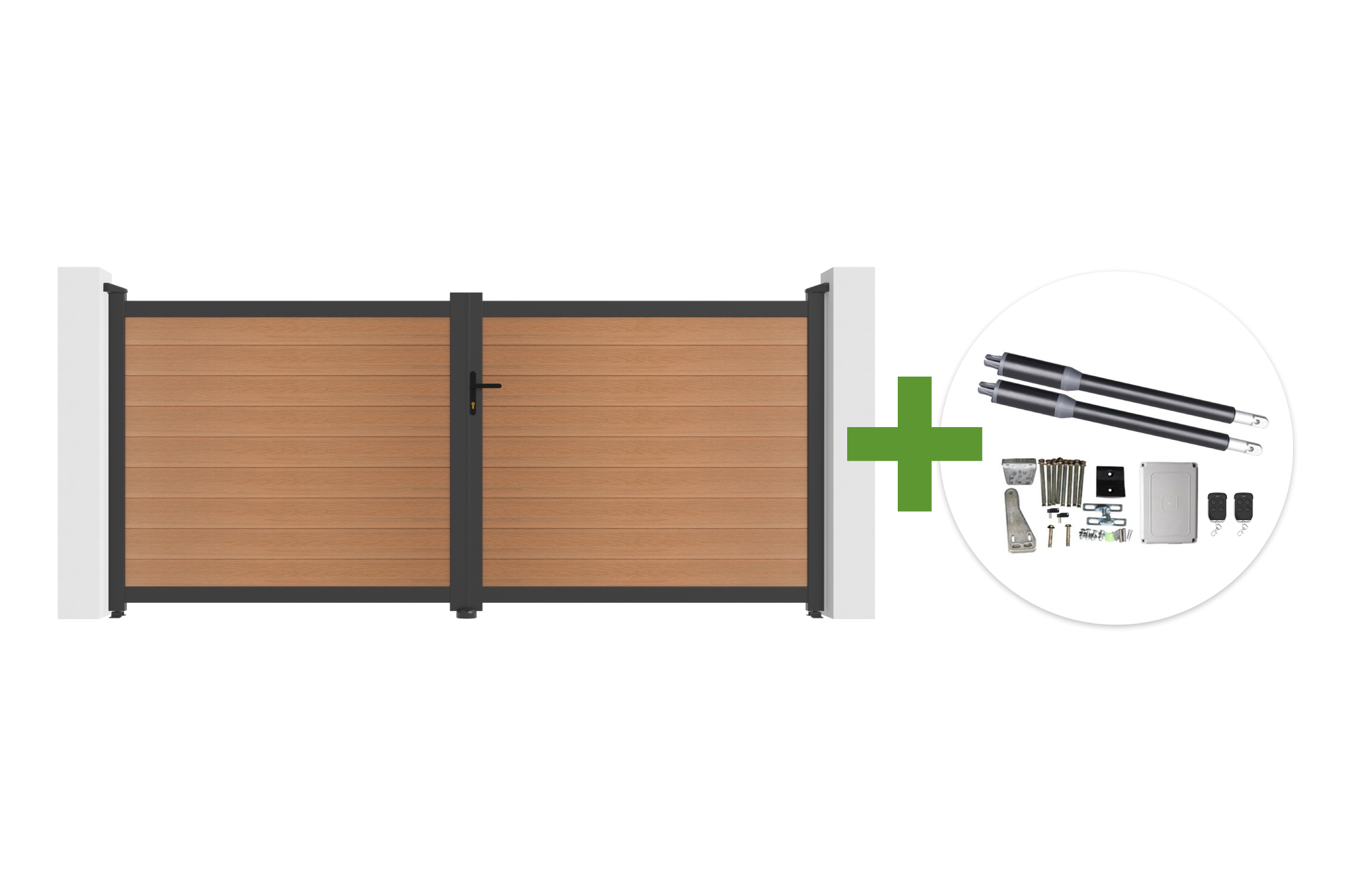 ATHOS 3.5m H.160cm teak composite wood swing gate with aluminum frame + RANGER B150 motor main image