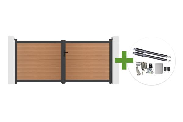 Puerta batiente ATHOS de 3,5 m de altura (160 cm) de madera compuesta de teca con marco de aluminio + motor RANGER B150 main image