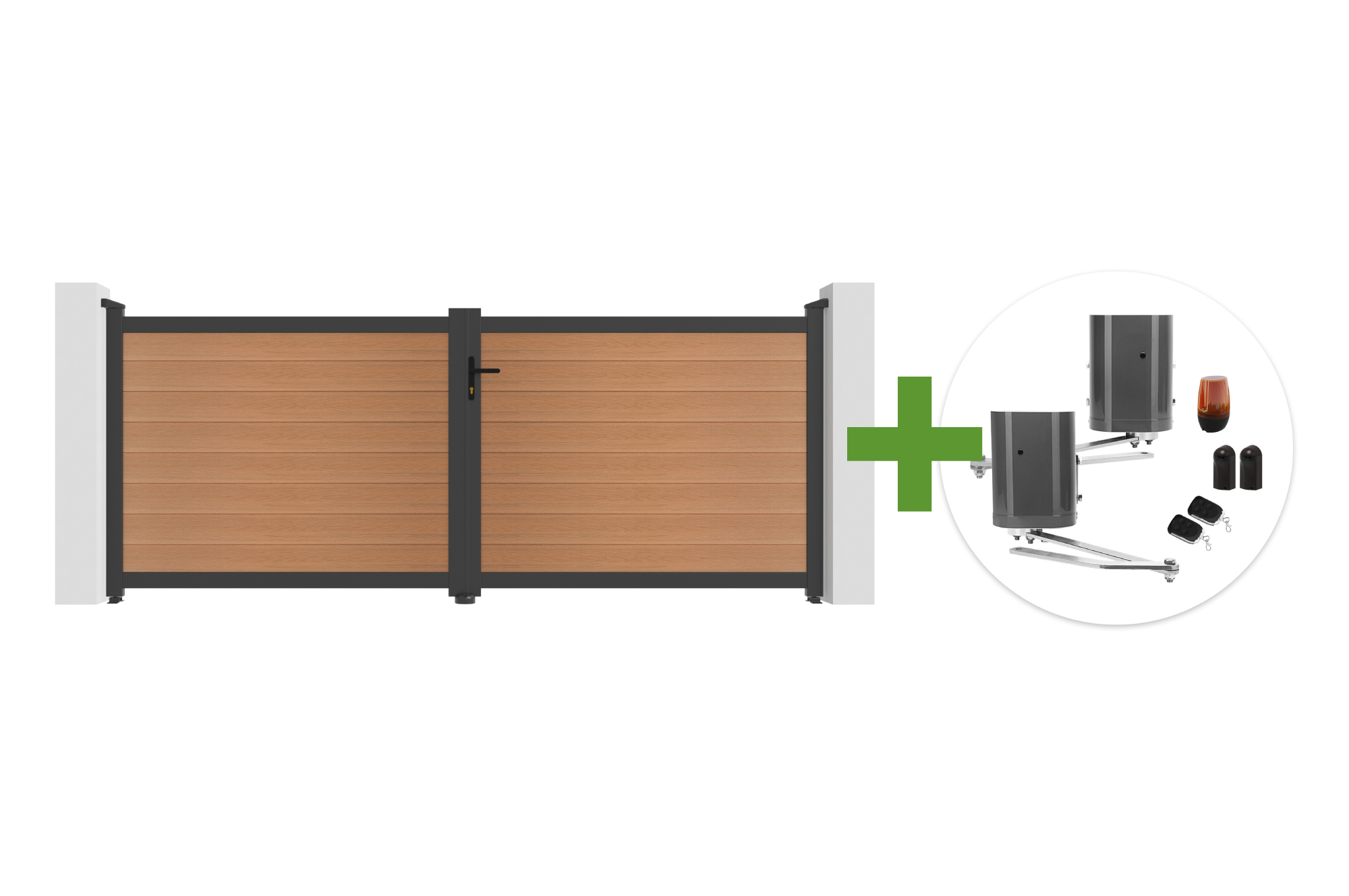 Cancello a battente ATHOS 3,5 m H.140 cm in legno composito di teak con telaio in alluminio + motore BUNKER B500 main image