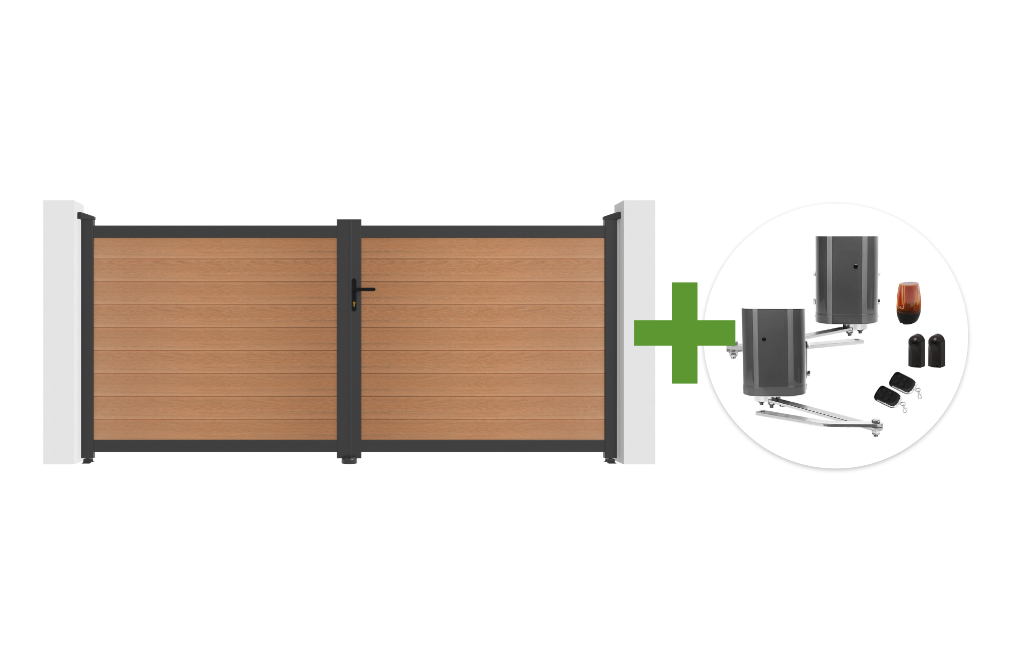 ATHOS 3.5m H.160cm teak composite wood swing gate with aluminum frame + BUNKER B500 motor main image