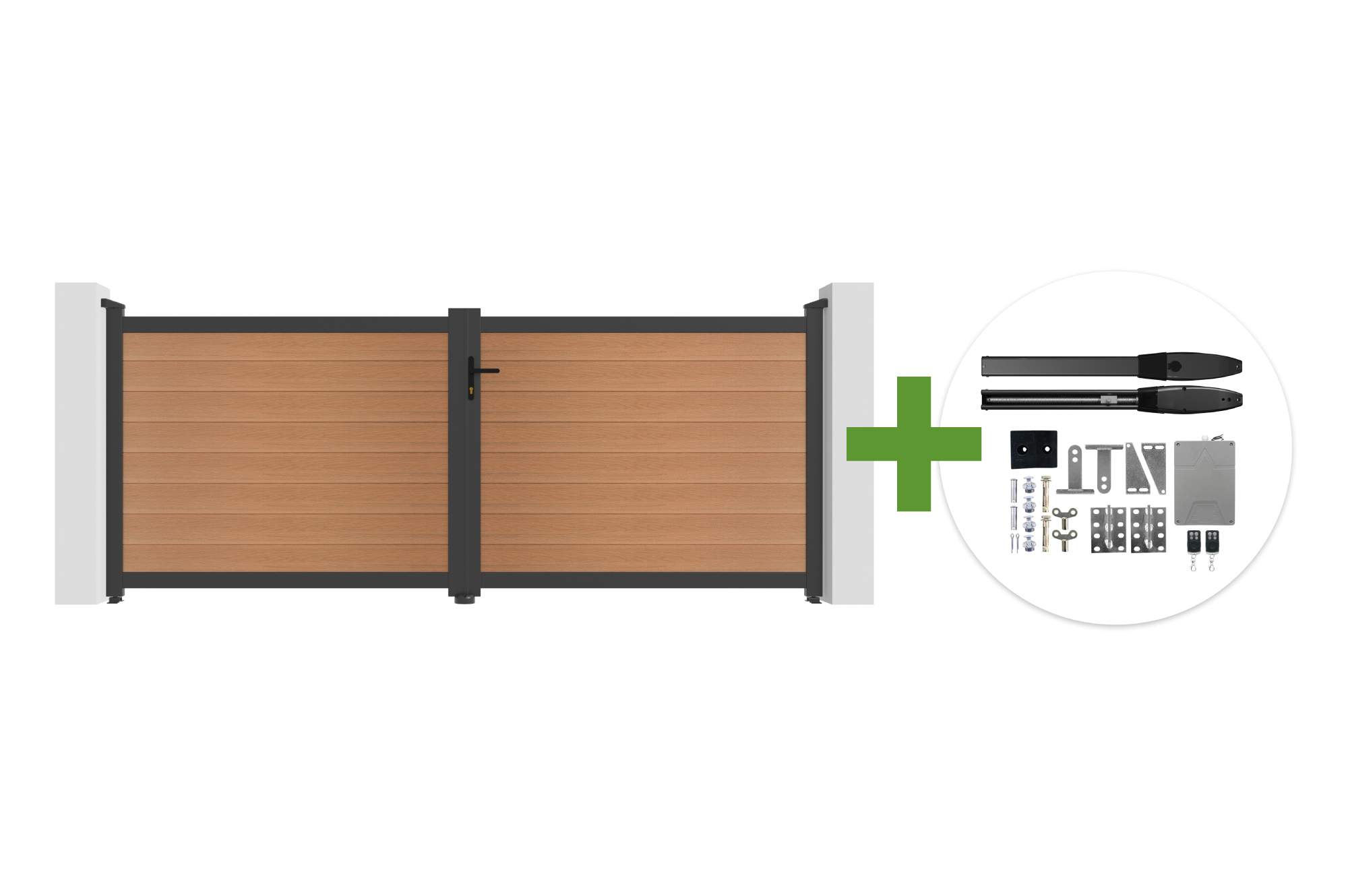 Cancello a battente ATHOS 3,5 m H.140 cm in legno composito di teak con telaio in alluminio + motore HIKER B200 main image