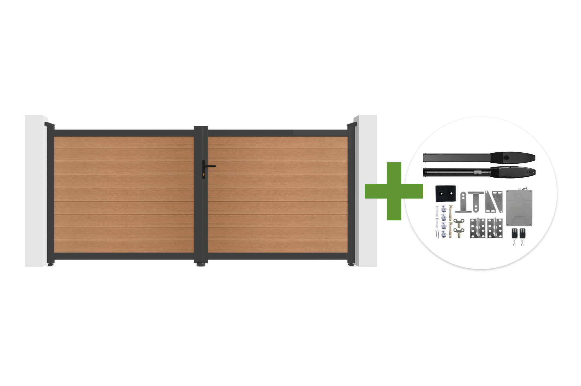 ATHOS 3.5m H.160cm teak composite wood swing gate with aluminum frame + HIKER B200 motor main image