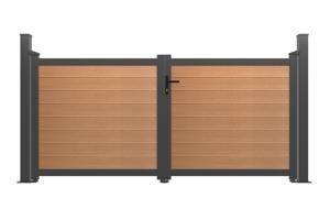 Portail bois composite battant 3m ATHOS H.140cm teck avec cadre aluminium + 2 poteaux EIFEL aluminium 10x10cm 2