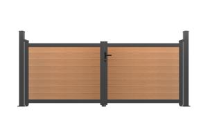 Dubbele composiet draaipoort ATHOS 3,5m H.140cm teak met aluminium frame + 2 EIFEL aluminium palen 10x10cm 2