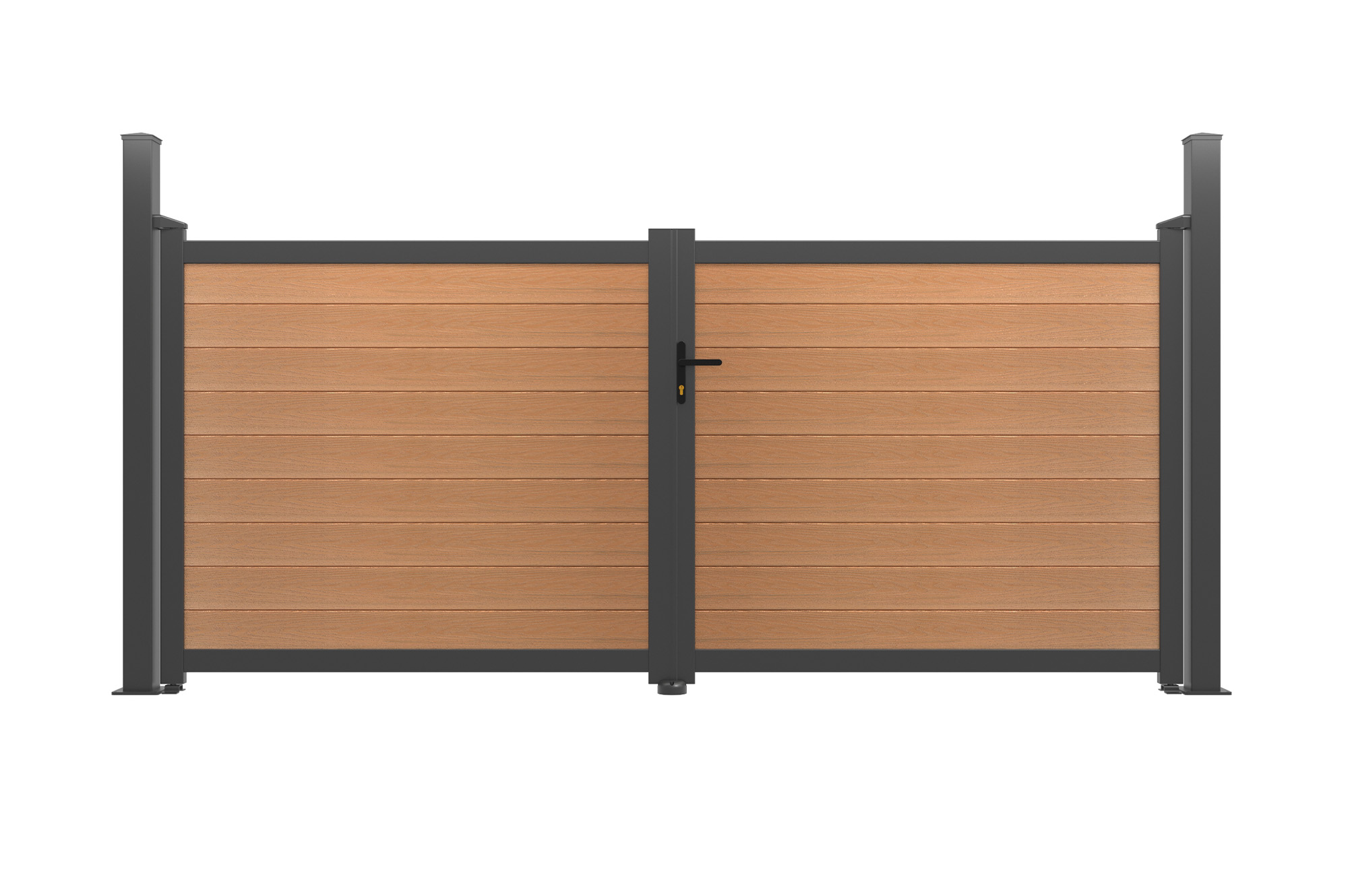 Cancello a battente ATHOS 3,5 m H.160 cm in legno composito di teak con telaio in alluminio + 2 pali in alluminio 10x10 cm 2