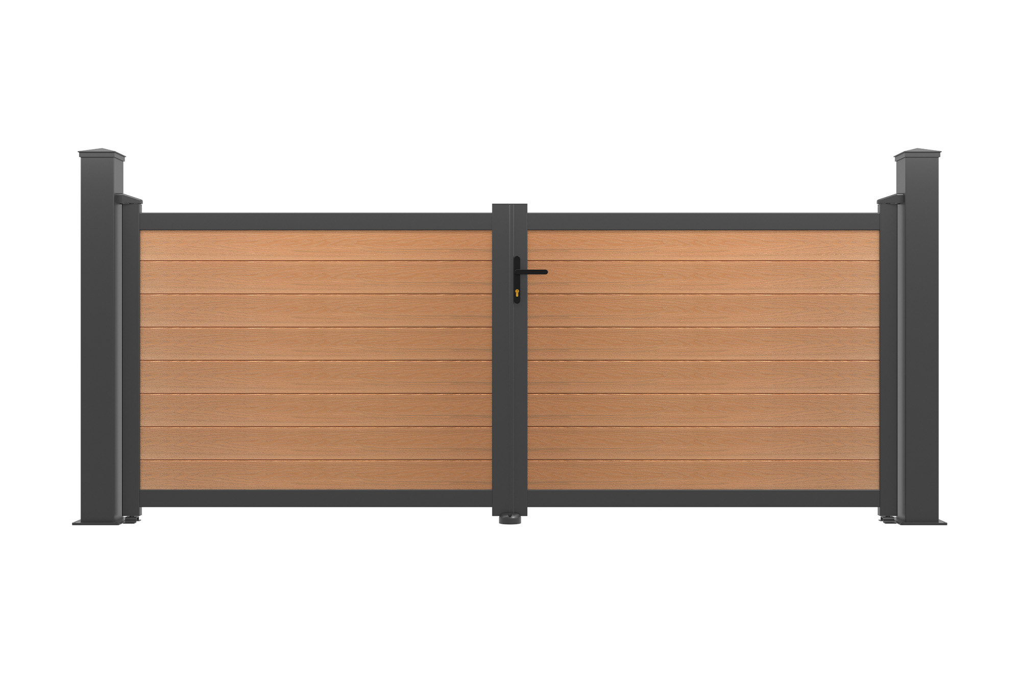 ATHOS 3.5m H.140cm teak composite wood swing gate with aluminum frame + 2 x 15x15cm aluminum posts 2