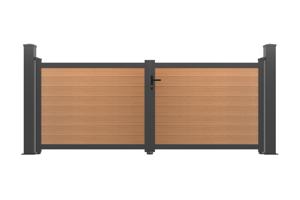 ATHOS 3.5m H.140cm teak composite wood swing gate with aluminum frame + 2 x 15x15cm aluminum posts 2