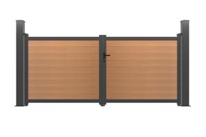 ATHOS 3.5m H.160cm teak composite wood swing gate with aluminum frame + 2 x 15x15cm aluminum posts 2