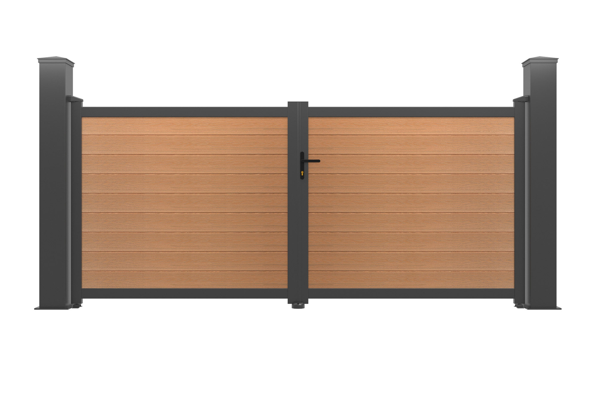 ATHOS 3.5m H.160cm teak composite wood swing gate with aluminum frame + 2 aluminum posts 20x20cm 2