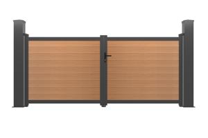 Dubbele composiet draaipoort ATHOS 3,5m H.160cm teak met aluminium frame + 2 EIFEL aluminium palen 20x20cm 2
