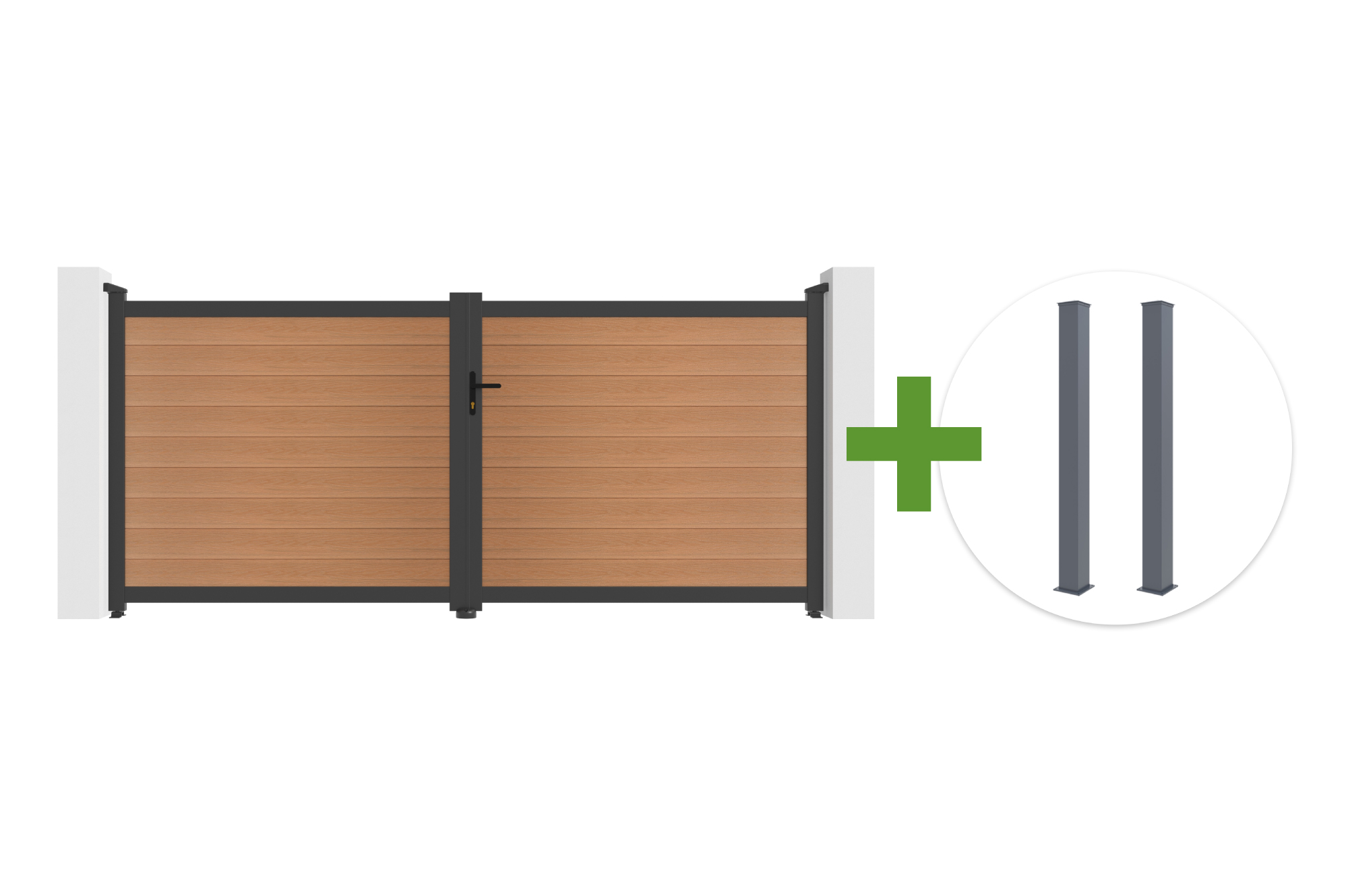 ATHOS 3.5m H.160cm teak composite wood swing gate with aluminum frame + 2 aluminum posts 20x20cm main image