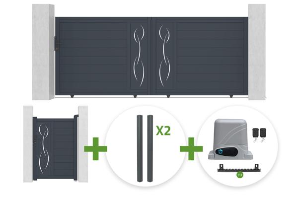 LIFE 3.5m sliding gate, 140cm high, grey + LIFE 1m pedestrian gate, 140cm high, grey + 4 ELDA posts + Ranger C300 motor main image
