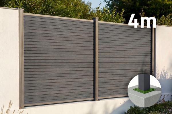 4 m hoher PRIEL-Verbundzaun in Holzoptik, 150 cm hoch, auf grauen Bodenplatten main image
