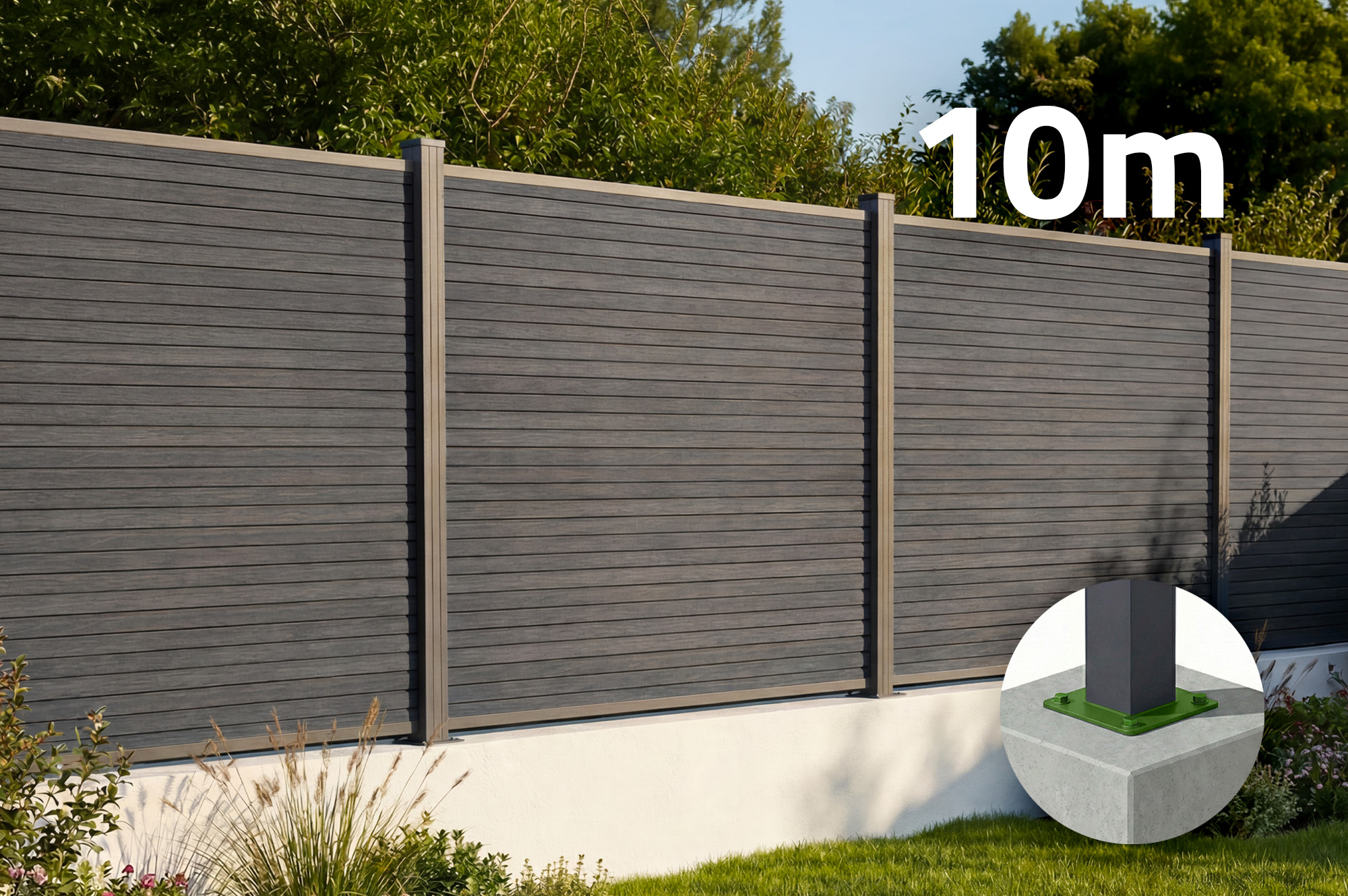 10m PRIEL wood-effect composite fence, 150cm high, on grey base plates main_image
