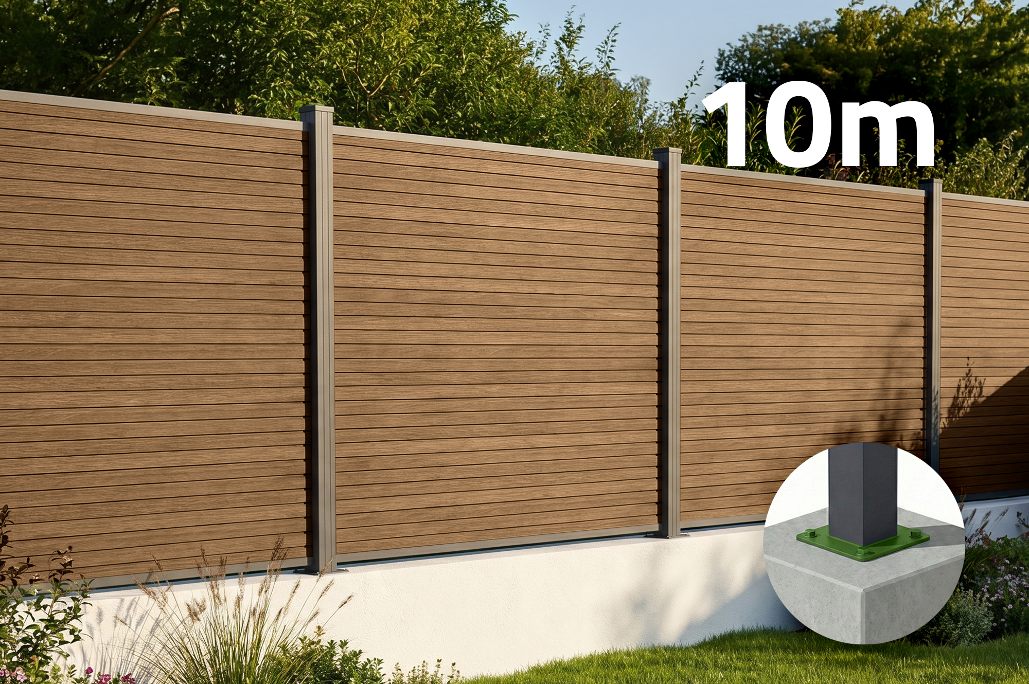 10 m hoher PRIEL-Zaun aus Holzimitat-Verbundmaterial, 150 cm hoch, auf Teakholz-Fußplatten main_image