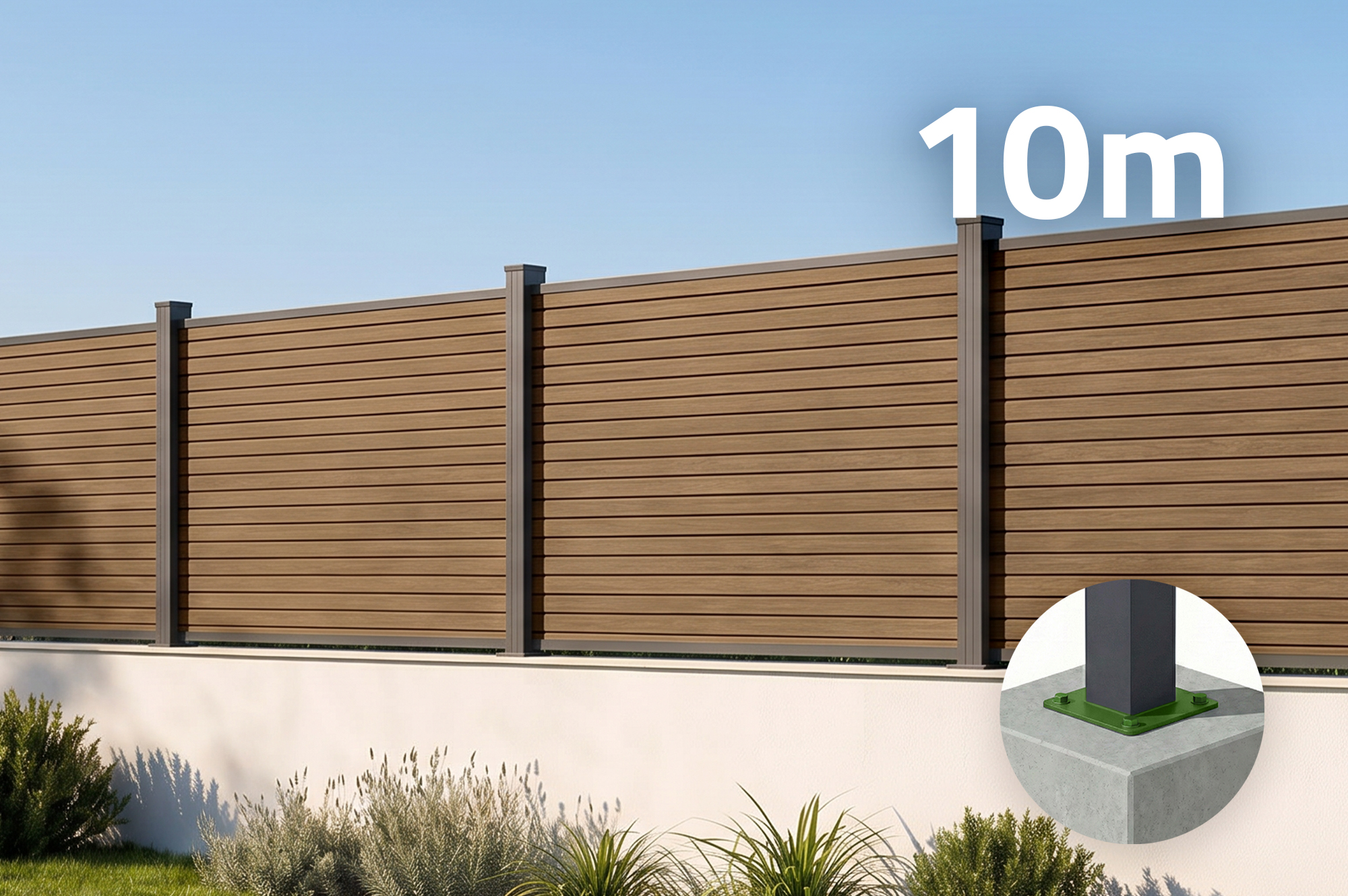 10 m kompozitný plot PRIEL s efektom dreva, vysoký 90 cm, na teakových základných doskách main_image