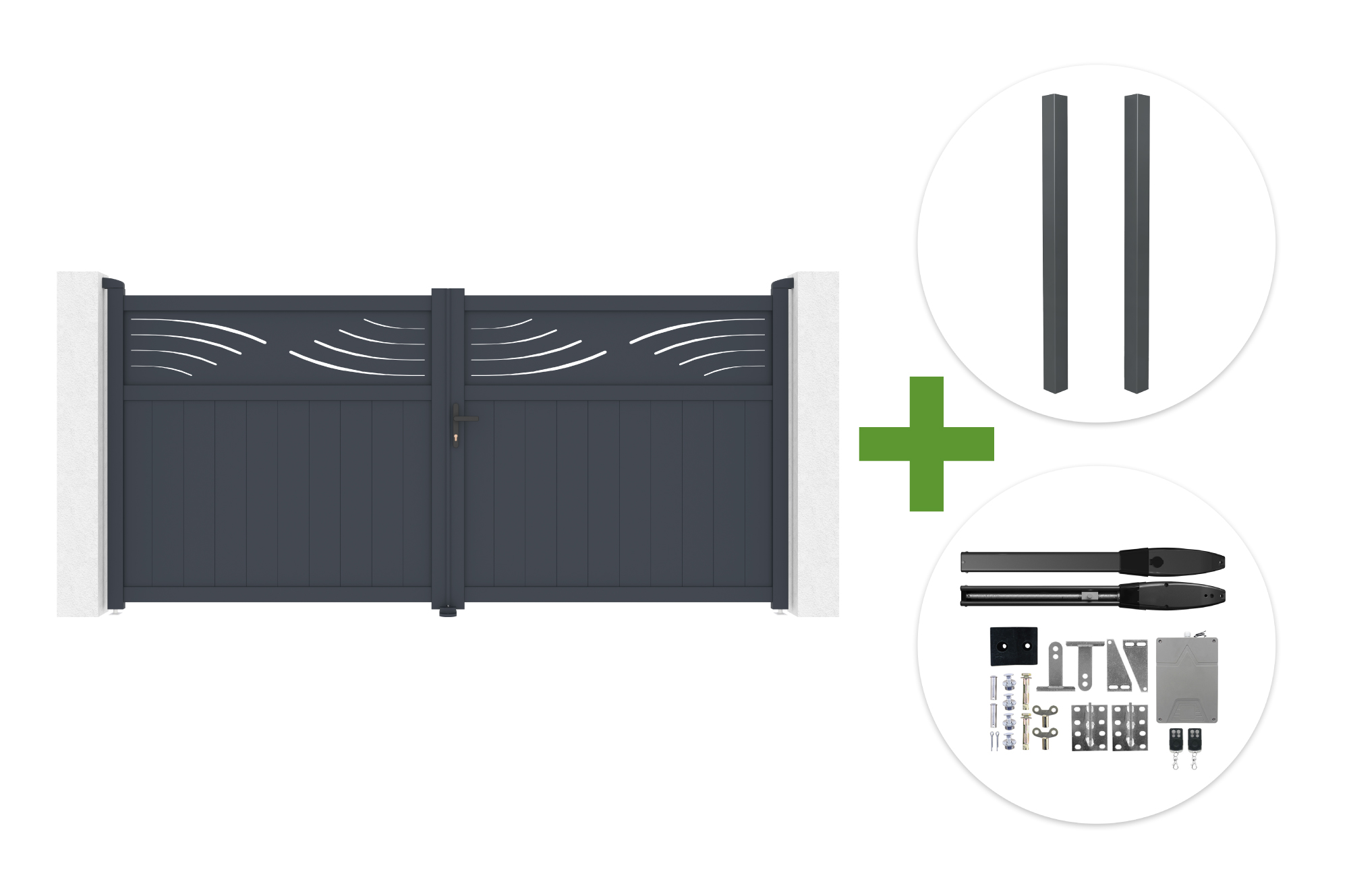 HALTI 340x160cm grey aluminum swing gate + 2 ELDA 15x15cm posts + Hicker B200 motor main_image