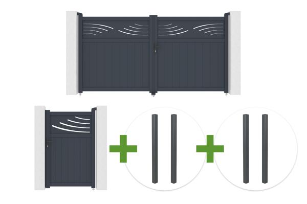 HALTI 3m H.160cm grey aluminum swing gate + 4 ELDA posts + HALTI 1m H.160cm grey aluminum pedestrian gate main image