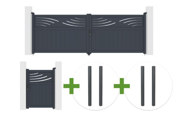 HALTI 4m H.140cm grey aluminum swing gate + 4 ELDA posts + HALTI 1m H.140cm grey aluminum pedestrian gate main image