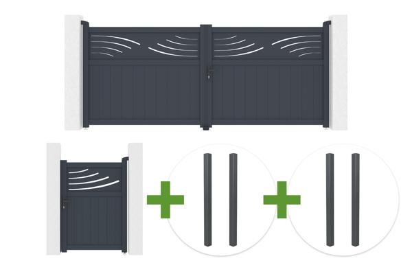 Portail battant HALTI 3.4m H.140cm aluminium gris + 4 poteaux ELDA + Portillon 1m HALTI H.140cm aluminium gris main image