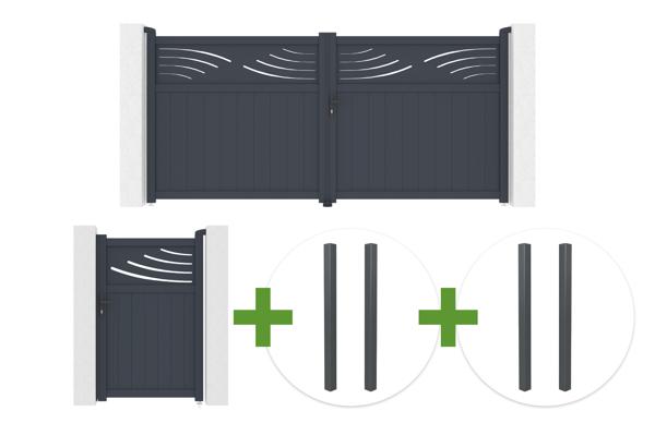 HALTI 340x160cm grey aluminum swing gate + 4 ELDA posts + HALTI 1m H.160cm grey aluminum pedestrian gate main image