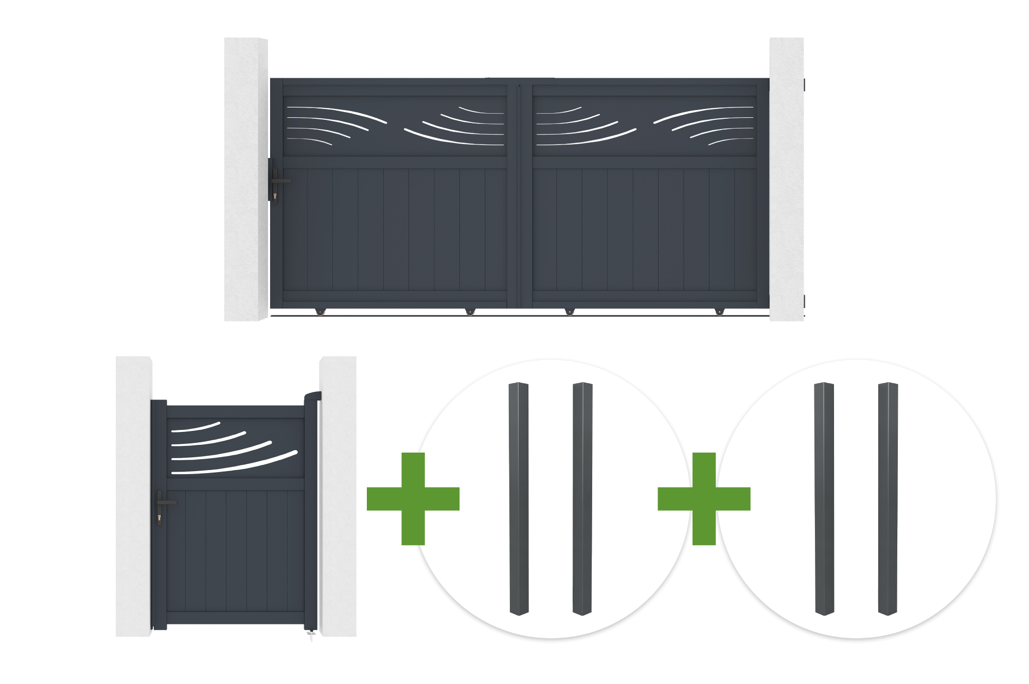 3m HALTI sliding gate, 140cm high, grey aluminum + 4 ELDA posts + 1m HALTI pedestrian gate, 140cm high, grey aluminum main_image