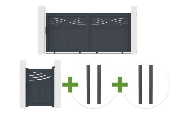 3m HALTI sliding gate, 140cm high, grey aluminum + 4 ELDA posts + 1m HALTI pedestrian gate, 140cm high, grey aluminum main image