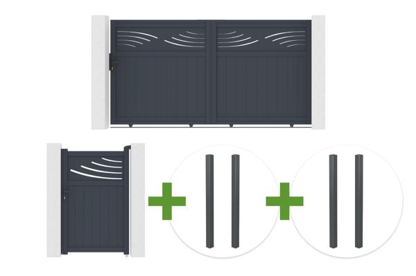 HALTI 3m sliding gate, 160cm high, grey aluminum + 4 ELDA posts + HALTI 1m pedestrian gate, 160cm high, grey aluminum main image