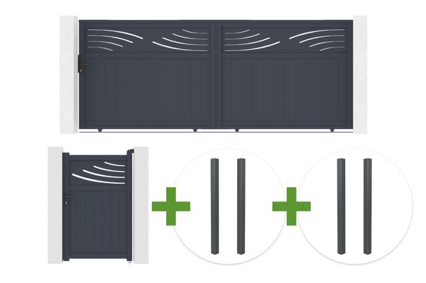4m HALTI sliding gate, 160cm high, grey aluminum + 4 ELDA posts + 1m HALTI pedestrian gate, 160cm high, grey aluminum main image