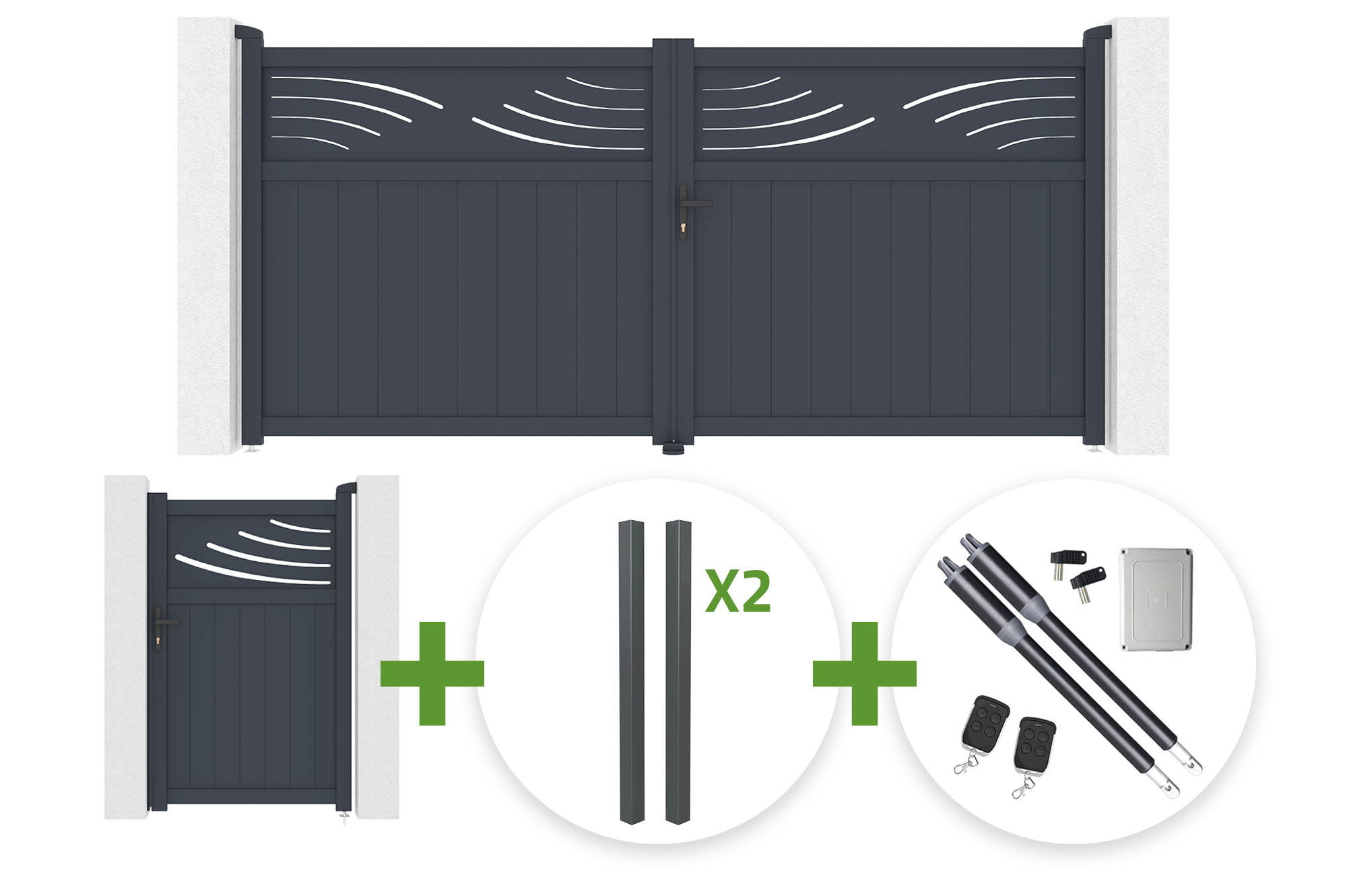 HALTI 340x160cm grey aluminum swing gate + 4 ELDA posts + HALTI 1m high grey aluminum pedestrian gate + Ranger B150 motor main_image